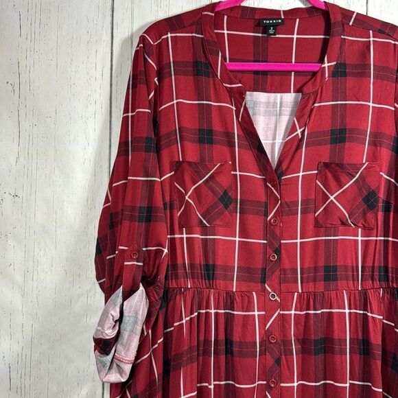 Torrid Red Plaid Button Front Shirt Dress Size 2X Casual Grunge Cozy Plus - Picture 3 of 15